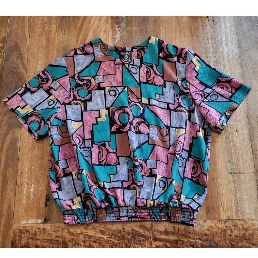 Graff Californiawear Vintage  Multicolor Geometric Short Sleeve Blouse Womens M